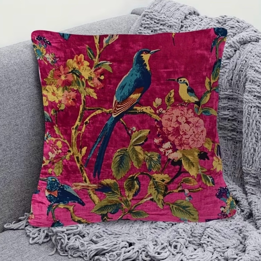 NWT Bird Floral Throw Pillow Cover 18x18 Vintage Cottagecore Zipper - Picture 6 of 6